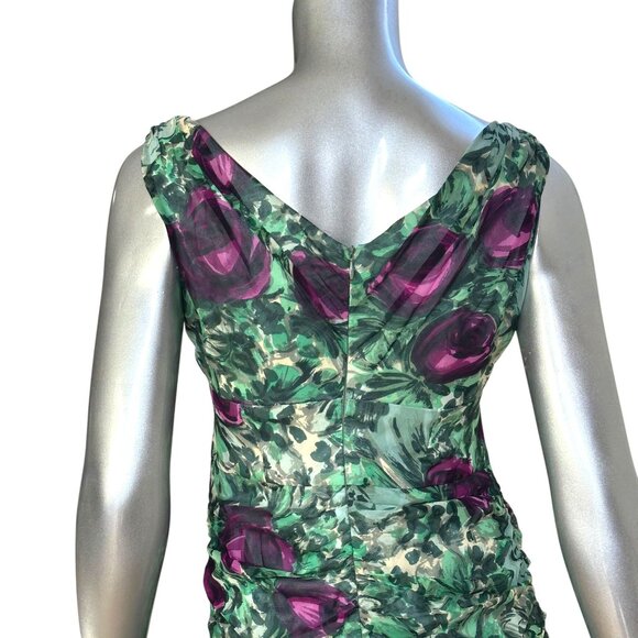 Nanette Lepore Silk Green & Purple Floral Print Sleeveless Dress with Ruching 4 - Picture 8 of 10